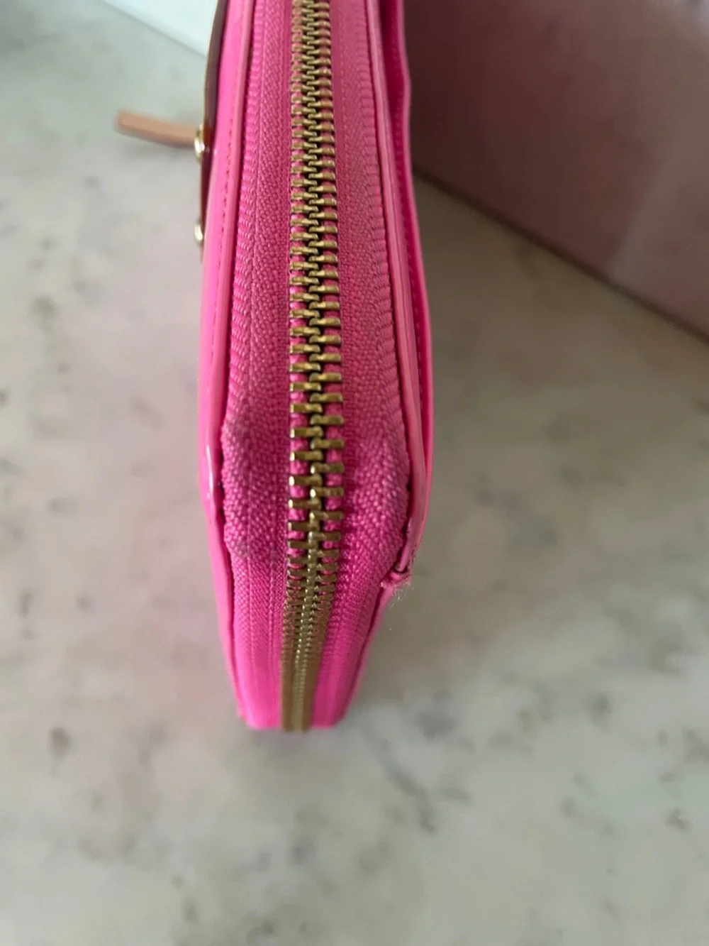 KATE SPADE Spencer Hot Pink Patent Zip-Around Wallet Newspaper Print Lining